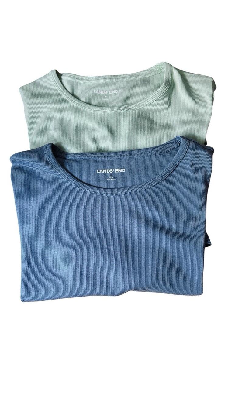 Lot of 2 Lands End Women’s Casual Ribbed Crew Neck Blue&Mint Green Tee Shirts L